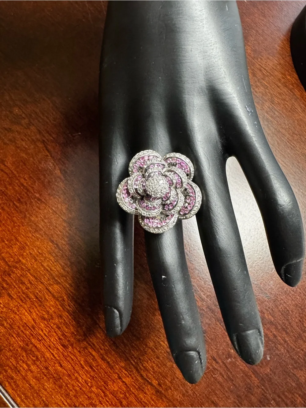 Sterling silver party/special occasion ring. Pink, black and clear stones. Size7